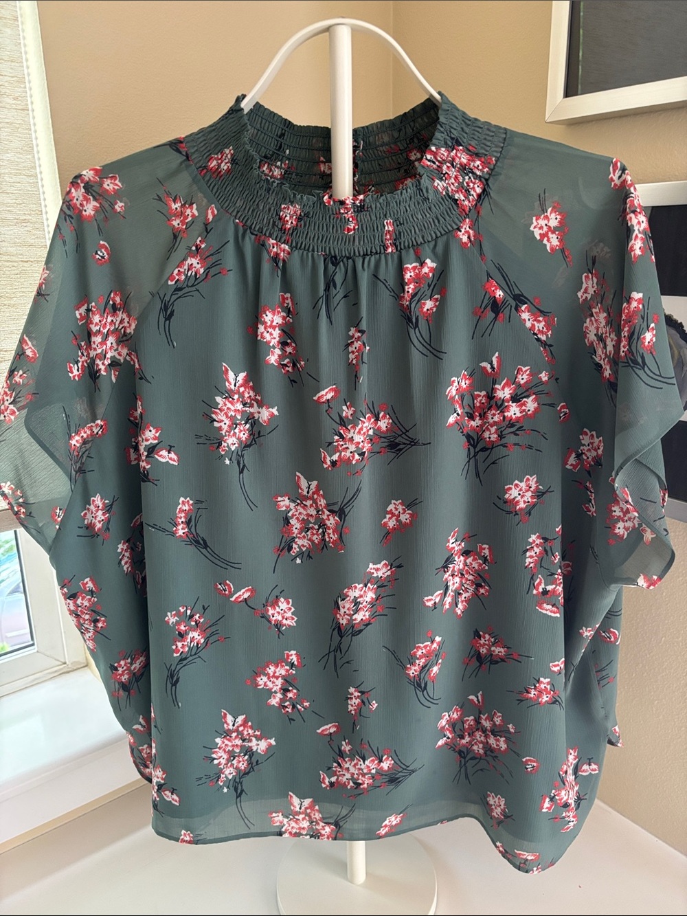 Madewell Green Floral Smocked-Neck Blouse